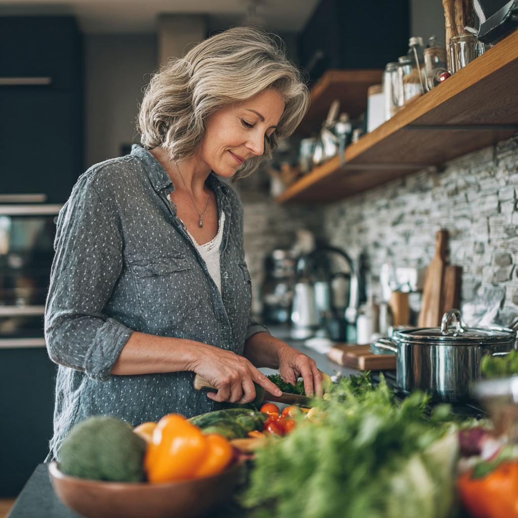 middle-aged woman preparing healthy meal in modern kitchen